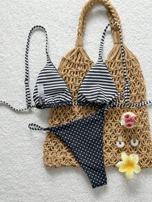 Bộ đồ bơi nữ 2 mảnh, hai mặt, họa tiết kẻ sọc và chấm bi, kiểu dáng thường ngày. - Đen và trắng - Xem 6