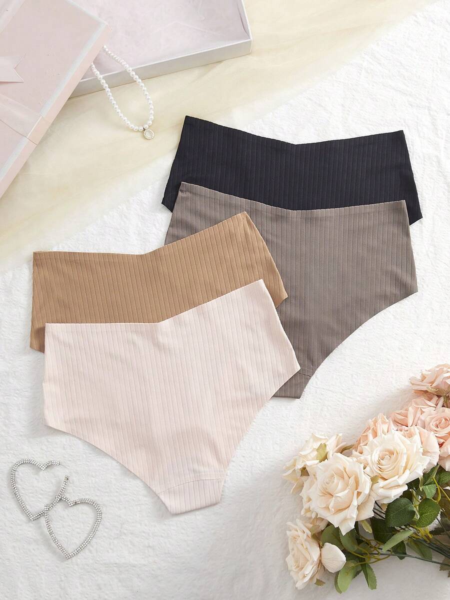 4pcs Women's Striped Fabric Seamless High Waist Briefs - Multicolor - View 1