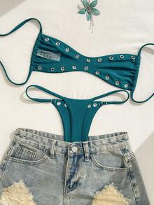 SHEIN Swim 2025新款女士纯色性感抹胸沙滩度假夏季休闲性感泳衣套装 - 水鴨藍 - 查看 2