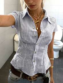 INAWLY Women's Polo Collar Short Sleeve Fitted Shirt - Blue - View 4
