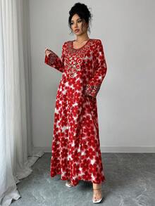 Al Najma Women's Elegant Round Neck Long Sleeve Arabic Style Dress - Red - View 7
