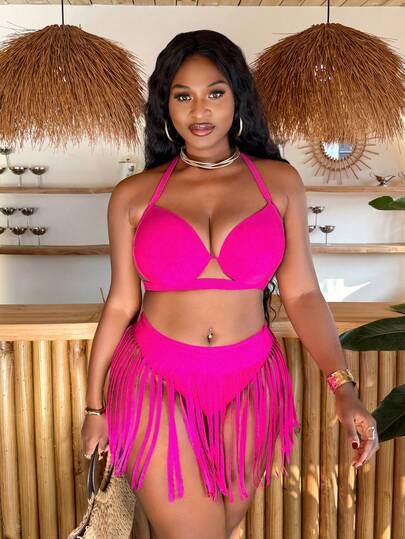 Slaydiva 2026新款加大码女式三件套洋红色比基尼，带胸垫分体泳衣，流苏裙摆修身显腿，沙滩度假泳装