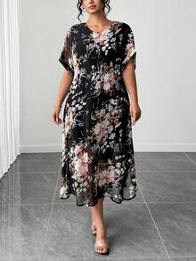 Elenzga Đầm nữ cỡ lớn cổ chữ V tay ngắn dáng rộng họa tiết hoa, kiểu dáng thường ngày. - Nhiều màu - Xem 1