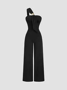 Sweetra Bộ jumpsuit đen thời trang công sở thanh lịch dành cho nữ, có khóa kim loại mới, thắt eo, thích hợp cho việc đi làm. - màu đen - Xem 6