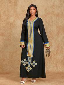 Brilight Women's Elegant Loose-Fitting Dress, Middle Eastern Robe, Arab Robe, Traditional Pattern Print Dress, Perfect For Parties, Daily Gatherings, And Other Festive Dresses, Autumn Dresses - Black - View 8