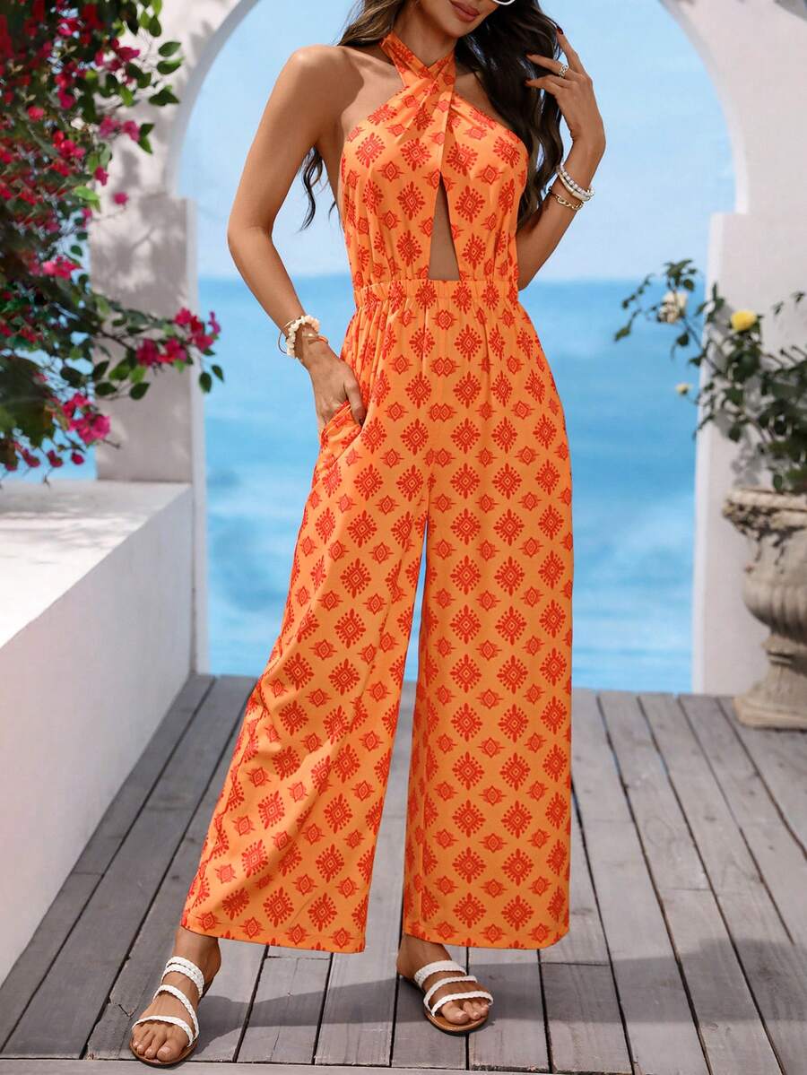 Vivid Eden Bộ jumpsuit nữ in họa tiết toàn thân, buộc dây cổ, hở lưng, kiểu dáng thường ngày. - trái cam - Xem 1