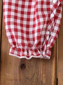 新生女宝宝格子草莓刺绣彼得潘领长袖连体衣，婴儿春秋季连体衣，女宝宝格子连身裤 - 彩色 - 查看 7