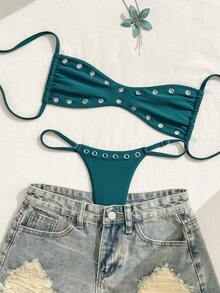 SHEIN Swim 2025新款女士纯色性感抹胸沙滩度假夏季休闲性感泳衣套装 - 水鴨藍 - 查看 3