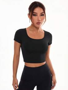 Slayform Women's Backless Mesh Yoga Fitness Crop Top, Sexy Minimalist Design - Black - View 4