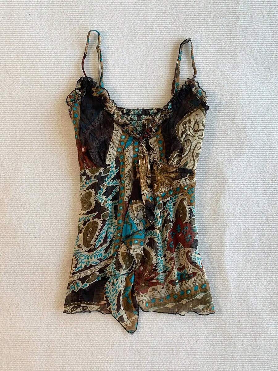 Glimmora Women's Vacation Plant Pattern Fashionable Frill Trim Camisole - Multicolor - View 1