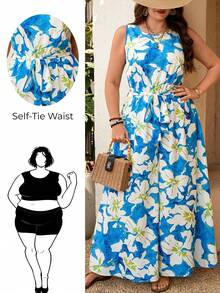 Breezaya Plus Size Women Floral Print Belted Jumpsuit,Blue And White Summer Boho Vacation Holiday Vacay Outfits,Hawaii Cruise Resort Wear Beach Outfits - Multicolor - View 3