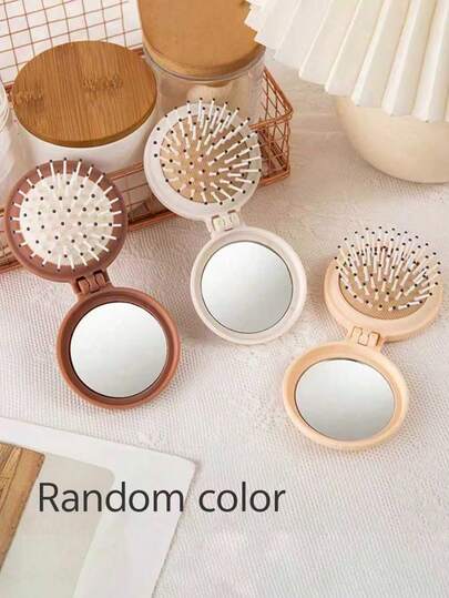 1pc Folding Travel Mirror Hair Brush Round Folding Pocket Size Hair Brush Mini Hair Comb Compact Travel Size Hair Massage Comb For Women Girls Travel Essentials Travel Accessories Travel Essentials For Beach Summer Vacation Back To School Body Care For Travel,Outdoor,Sport,Office,School, Back To School Supplies, Hair Brush, Travel, Comb