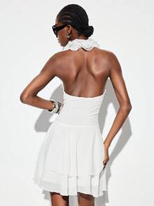 Aveloria GENKIRA Chiffon Fabric White Layered Ruffle Hem Dress, Sleeveless A-Line Silhouette, Romantic French Elegant Sophisticated Vacation Casual Sexy Versatile, Suitable For Party, Gathering, High-End Occasions, Women Short Dress - White - View 2