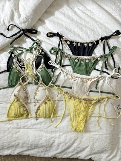 SHEIN Swim Women's Summer Beach Vacation Jacquard Fabric Shell Strap Decor Halter Backless Sexy Bikini Set