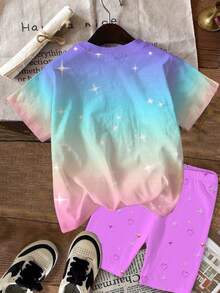 2件套少女休闲时尚彩色韩流女团字母星星印花圆领短袖T恤和短裤套装，适合夏季穿着 - 彩色 - 查看 3