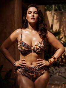 Swim Vcay Conjunto de bikini de talla grande con estampado de leopardo, primavera 2026. Diseño de cuello de halter, tirantes ajustables, Bottom de triángulo con cordón de cintura alta, dos piezas - Multicolor - Ver 6