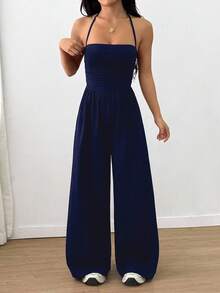 SHEIN Unity Women's Casual Pleated Loose Straight Leg Jumpsuit, Suitable For Spring, Summer, Autumn And Winter - Navy Blue - View 5