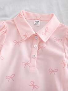 女婴泡泡袖粉色polo领彩虹印花荷叶边下摆休闲短袖连衣裙 - 粉色 - 查看 5