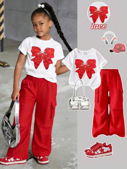 SHEIN ChillGRL 2 件套青少年女孩休闲 T 恤和工装裤套装，蝴蝶刺绣图案圆领短袖 T 恤和裤子，春夏季时尚服装