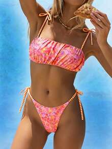 Swim Mod Women's Swimwear Set, Floral Striped Tie-Front, 2 Pieces Summer Holiday Beach Outfit - Multicolor - View 4