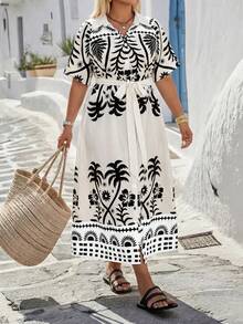 SHEIN Elenzya Plus Size Women's Tropical Plant Print Short Sleeve Dress With Belt, Loose Casual Minimalist Style For Commute And Daily Wear, Spring/Summer - Multicolor - View 6