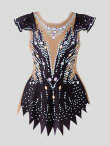 女童无袖紧身体操服，无袖印花紧身体操服，舒适亲肤，紧身设计防止走光，体操运动服，学校舞蹈比赛服，四季皆宜，玫瑰红，鲜艳图案 - 彩色 - 查看 5