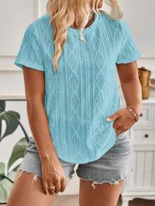 EMERY ROSE Nueva moda casual, estilo básico, cuello redondo, manga corta, diseño de botones en la espalda, bajo con forma de arco, camiseta básica azul con bordado de rombos, talla grande - Azul - Ver 2