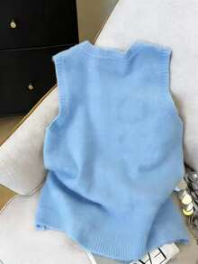 Resyla Women's Dachshund Dog Embroidery Loose Fit Sleeveless Cardigan - Blue - View 2