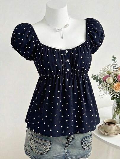 SHEIN Kids Summer Tops Teen Girls Navy Blue Heart Polka Dot Woven Lace Trim Truly Open Front Button Blouse, Cute Sweet Shirt For Casual, Daily, School, Streetwear