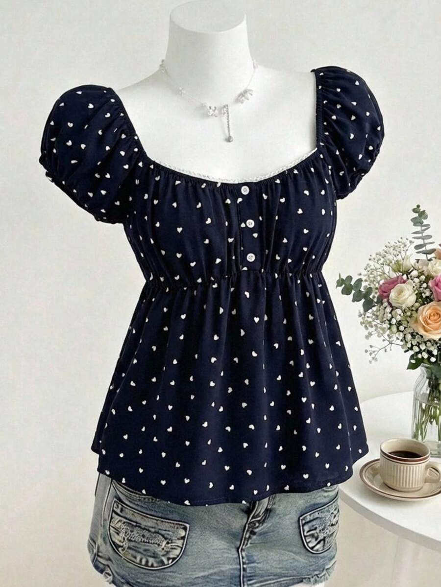 SHEIN Kids Summer Tops Teen Girls Navy Blue Heart Polka Dot Woven Lace Trim Truly Open Front Button Blouse, Cute Sweet Shirt For Casual, Daily, School, Streetwear - Blue - View 1