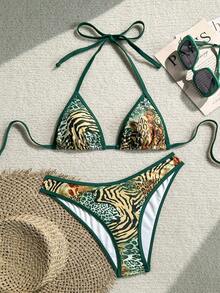 Swim Vcay Women's 2pcs Leopard Print Random Halter Top And Bikini Bottom Bikini Set, Summer Beach Women Swim Suit Set - Multicolor - View 1