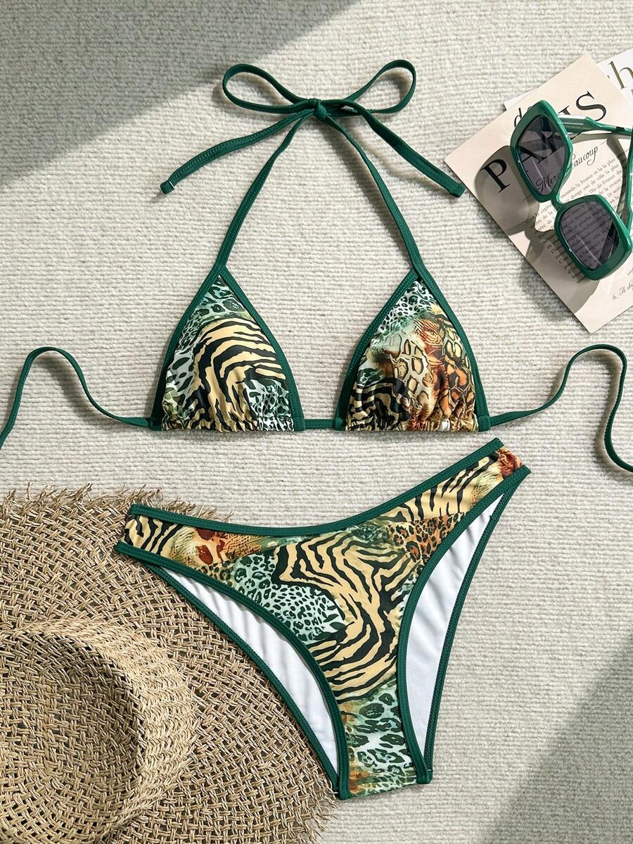 Swim Vcay Women's 2pcs Leopard Print Random Halter Top And Bikini Bottom Bikini Set, Summer Beach Women Swim Suit Set - Multicolor - View 1