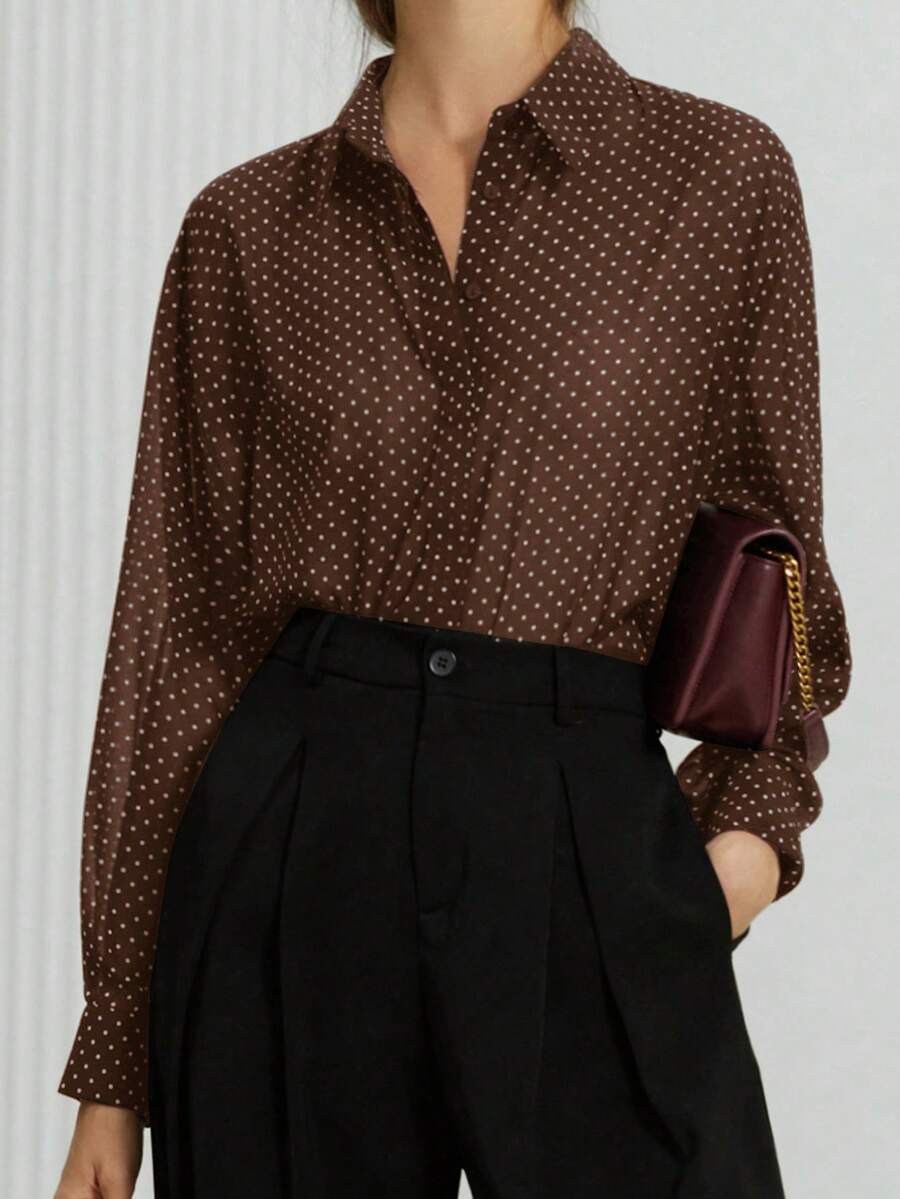 Aveloria Modichic Minimalist French Elegant All-Match Brown And White Polka Dot Chiffon Sheer Collar Long Sleeve Blouse, Suitable For Teachers' Day, Autumn Office