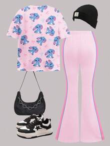 Cream Pink, Cute Cartoon Blue Rabbit Lulu & Stitch Pattern, Pink Contrast Trim, Tween Girl Casual Loose Short Sleeve Round Neck T-Shirt And Flare Pants 2 Piece Set, Suitable For Autumn - White - View 2