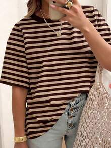 Striped Round Neck Casual Short Sleeved T-Shirt, Plus Size Women's T-Shirt, Summer - Multicolor - View 3