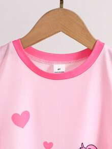 Conjunto de 3 piezas de camisones de manga corta hasta la rodilla para niñas pequeñas, con estampado de conejitos y corazones por todo el diseño, en combinación de color rosa, cuello redondo de punto, suelto y suave, ropa de dormir casual de verano - Rosa - Ver 4
