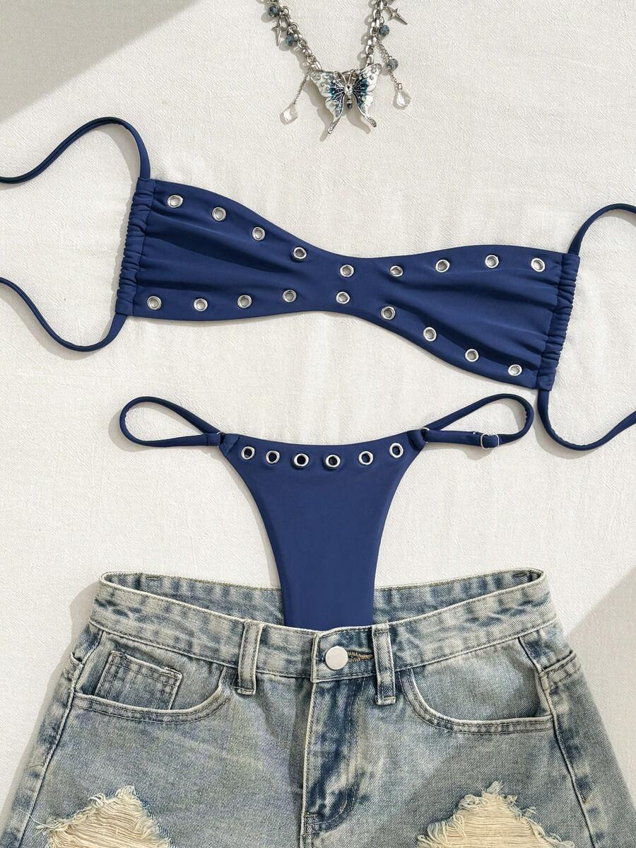 SHEIN Swim 2025新款女士纯色性感抹胸沙滩度假夏季休闲性感泳装套装比基尼套装女士泳池服 - 藍色 - 查看 1