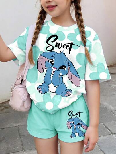 Conjunto de 2 piezas de manga corta y pantalones cortos con estampado de conejo azul Lulu y Stitch, estilo ombre floral, para niña preadolescente, de estilo minimalista casual, adecuado para verano, otoño, ropa cómoda y elegante para niños, ropa gráfica casual, de vuelta al colegio, para picnic al aire libre, fotografía callejera, hogar, campus, outfit relajado Zoey, ropa de chica joven, conjunto de ropa kawaii