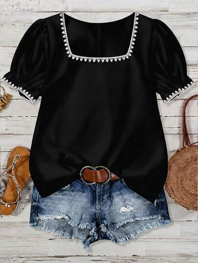 SHEIN VCAY Plus Size Women Casual Holiday Seashell Floral Decor Square Neck Lantern Sleeve Loose Blouse, Elegant Summer Vacation Wear