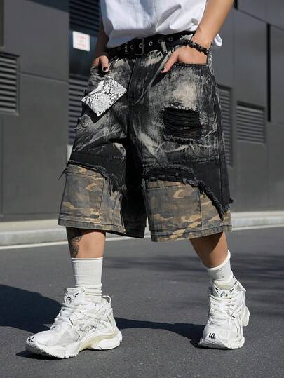 Manfinity EMRG Men's Camouflage Print Slant Pocket Distressed Loose Denim Bermuda Shorts