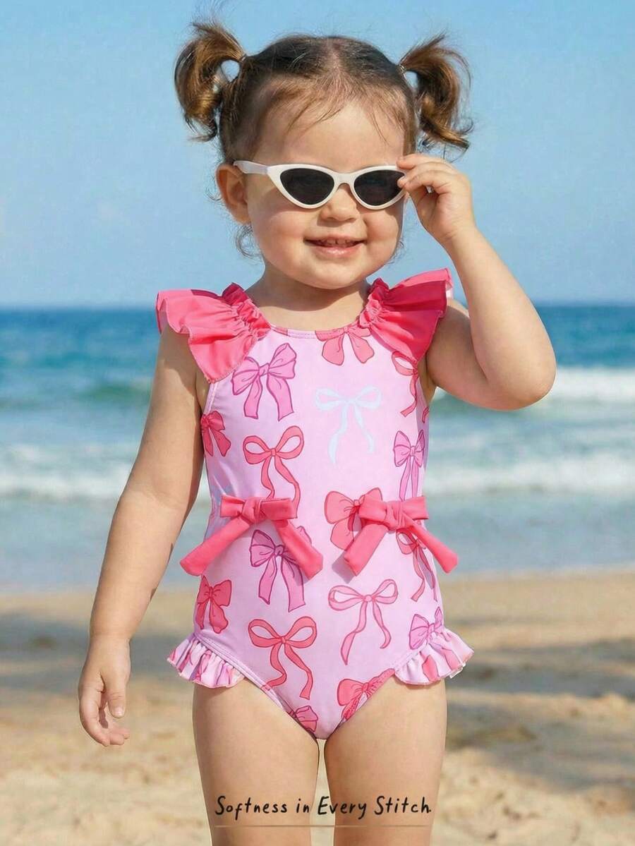 Cozy Pixies Baby Girl Butterfly Pattern Round Neck Ruffle Trim Sleeveless Swimsuit - Pink - View 1