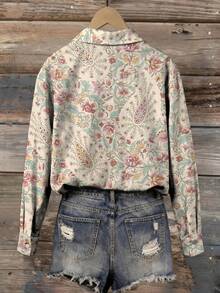 EMERY ROSE 女士印花衬衫，艺术图案，轻盈优雅的夏季休闲衬衫 - 白色 - 查看 2