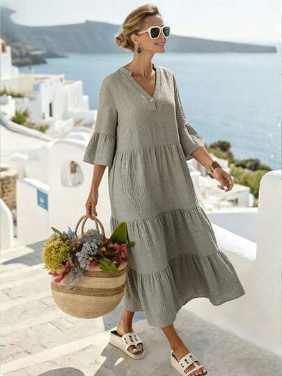 Parysyn Plus Size Solid Sage Green V Neck Split Collar Button 3/4 Flared Ruffle Sleeve Tiered Long Green Dress