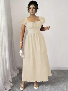 SHEIN Tall CURVE Vestido elegante de verão para férias em pêssego para mulher plus size, cor sólida, textura, decote quadrado, laço, mangas onduladas, cintura marcada, comprimento midi, estilo boho, corpete franzido - Branco - Ver 3