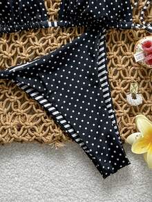 Bộ đồ bơi nữ 2 mảnh, hai mặt, họa tiết kẻ sọc và chấm bi, kiểu dáng thường ngày. - Đen và trắng - Xem 4