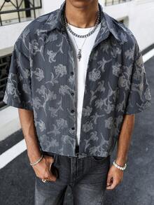 Manfinity EMRG Men's Summer Beach Vacation Loose Fit Plant Print Oversized Shirt - Grey - View 3