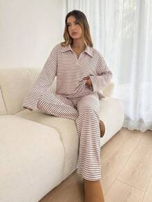 unto de 2 piezas para mujer con camiseta de manga larga de hombros caídos y cuello en V a rayas holgada y pantalones a rayas con cintura elástica, traje de suéter de invierno, otoño/invierno - Rosa Pálido - Ver 8
