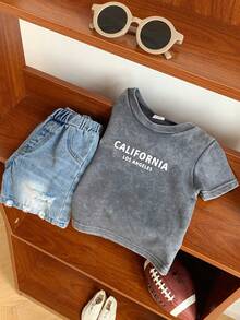 SHEIN 男婴夏季休闲雪花牛仔上衣和蓝色牛仔短裤两件套，夏季服装 - 彩色 - 查看 3