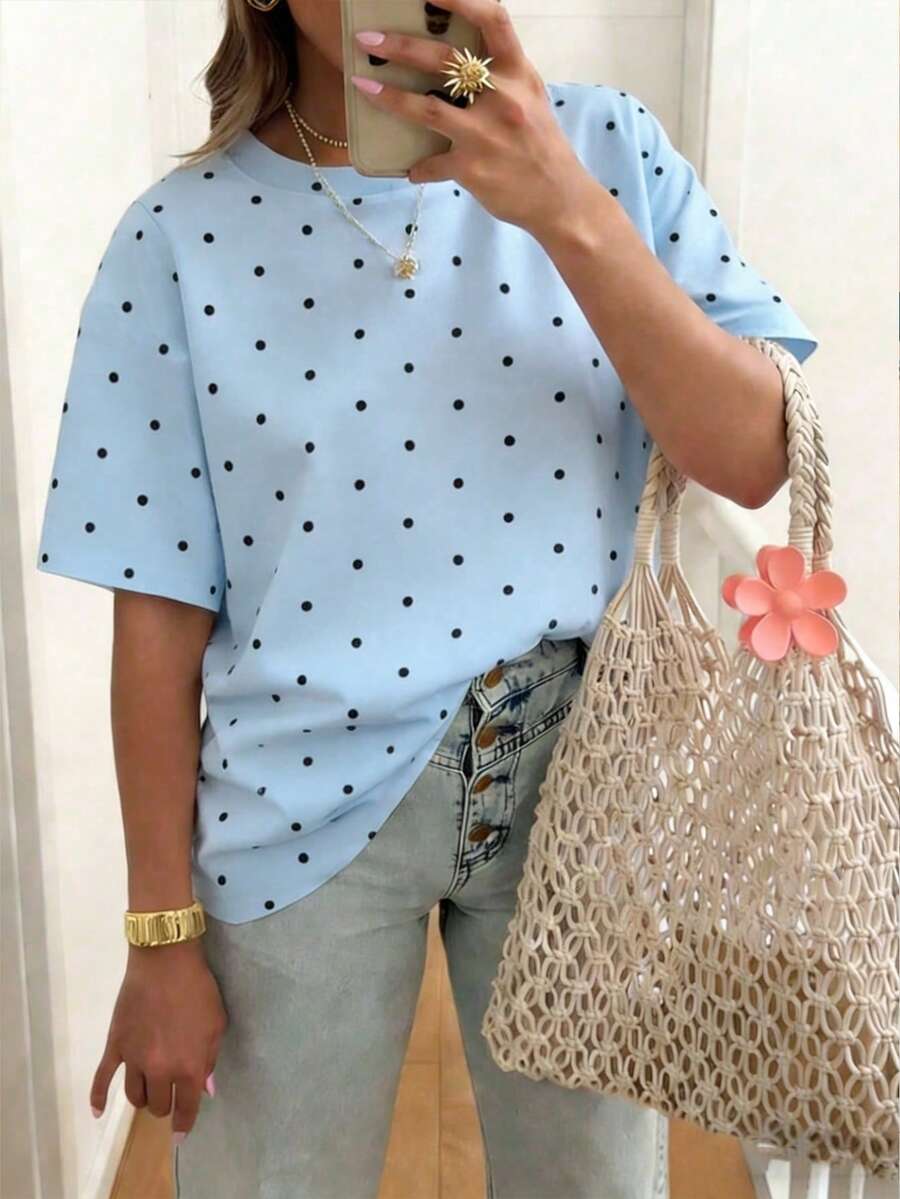 EMERY ROSE Kaos Lengan Pendek Kasual Kerah Bulat Motif Polkadot, Kaos Wanita Ukuran Besar, Gaya Musim Panas - MultiWarna - View 1