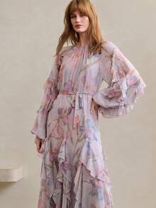 Arave 女士雪纺数码印花面料，圆领，插肩袖，系带腰身，荷叶边下摆装饰设计，休闲长裙 - 淡紫色 - 查看 5